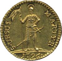 Swiss cantons coin 1/2 Duplone (1796) reverse reverse of 1/2 Duplone (1796) coin with KM# 59 from Swiss cantons. Inscription: S · URSUS MARTYR 1796 ·