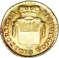 Swiss cantons coin 1 Duplone (1787) obverse obverse of 1 Duplone (1787) coin with KM# 53 from Swiss cantons. Inscription: RESPUBLICA SOLODORNENSIS