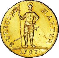 Swiss cantons coin 2 Duplone (1796 - 1798) reverse reverse of 2 Duplone (1796 - 1798) coin with KM# 61 from Swiss cantons. Inscription: S · URSUS MARTYR 1797 ·