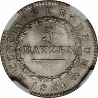 Swiss cantons coin 5 Batzen (1809 - 1811) reverse reverse of 5 Batzen (1809 - 1811) coin with KM# 68 from Swiss cantons. Inscription: CUNCTA PER DEUM 1809 5 BATZEN