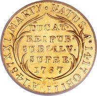 Swiss cantons coin 1 Ducat (1787) obverse obverse of 1 Ducat (1787) coin with KM# 46 from Swiss cantons. Inscription: NATUS Aᴼ 1417 OBIIT Aᴼ 1487 XXI MARTY · DUCAT · REIPUB · SUBSILV · SUPER · 1787