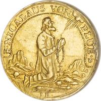 Swiss cantons coin 1 Ducat (1743) reverse reverse of 1 Ducat (1743) coin with KM# 33 from Swiss cantons. Inscription: B:NICOLAUS VON FLUE I · H ·