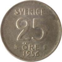 Sweden coin 25 Öre - Gustaf VI Adolf (1952 - 1961) reverse reverse of 25 Öre - Gustaf VI Adolf (1952 - 1961) coin with KM# 824 from Sweden. Inscription: 25 ØRE SVERIGE TS