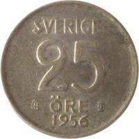 reverse of 25 Öre - Gustaf VI Adolf (1952 - 1961) coin with KM# 824 from Sweden. Inscription: 25 ØRE SVERIGE TS