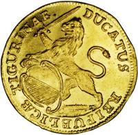 Swiss cantons coin 1 Ducat (1718 - 1767) obverse obverse of 1 Ducat (1718 - 1767) coin with KM# 140 from Swiss cantons. Inscription: REIPUBLICÆ TIGURINAE. DUCATUS