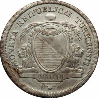 Swiss cantons coin 1 Thaler (1783 - 1796) obverse obverse of 1 Thaler (1783 - 1796) coin with KM# 175 from Swiss cantons. Inscription: MONETA REIPUBLICÆ TURICENSIS