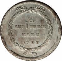 Swiss cantons coin 1 Thaler (1783 - 1796) reverse reverse of 1 Thaler (1783 - 1796) coin with KM# 175 from Swiss cantons. Inscription: XI AVF I. FEINE MARK. 1783.