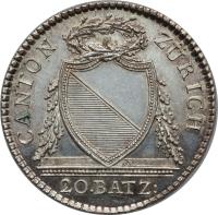 Swiss cantons coin 20 Batzen (1813) obverse obverse of 20 Batzen (1813) coin with KM# 188 from Swiss cantons. Inscription: CANTON ZÜRICH 20. BATZ: