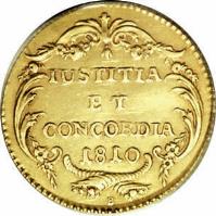 Swiss cantons coin 1 Ducat (1810) reverse reverse of 1 Ducat (1810) coin with KM# A185 from Swiss cantons. Inscription: IUSTITIA ET CONCORDIA 1810 B