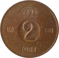reverse of 2 Öre - Gustaf VI Adolf (1952 - 1971) coin with KM# 821 from Sweden. Inscription: 19 2 55 ØRE