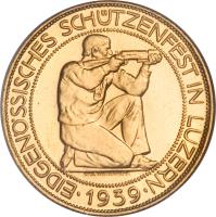 Switzerland coin 100 Francs - Shooting Festival (1939) obverse obverse of 100 Francs - Shooting Festival (1939) coin with X# S21 from Switzerland. Inscription: EIDGENÖSSISCHES SCHÜTZENFEST IN LUZERN EMIL WIEDERKEHR · 1939 ·