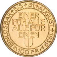 reverse of 100 Francs - Shooting Festival (1939) coin with X# S21 from Switzerland. Inscription: EINLÖSBAR+BIS+31.+AUGUST+1939 EINER FÜR ALLE ALLE FÜR EINEN B 100 FR