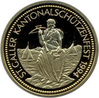 Switzerland coin 1000 Francs - Shooting Festival (1994) obverse obverse of 1000 Francs - Shooting Festival (1994) coin with X# S45 from Switzerland. Inscription: ST. GALLER KANTONALSCHÜTZENFEST 1994