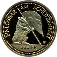 Switzerland coin 1000 Francs - Shooting Festival (1994) reverse reverse of 1000 Francs - Shooting Festival (1994) coin with X# S45 from Switzerland. Inscription: EINLÖSBAR AM SCHÜTZENFEST 1000 FR