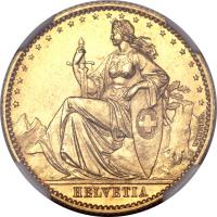 obverse of 20 Francs (1873) coin with KM# Pn26 from Switzerland. Inscription: HELVETIA WIENER