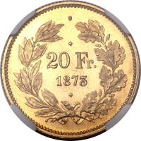 reverse of 20 Francs (1873) coin with KM# Pn26 from Switzerland. Inscription: 20 Fr. 1873