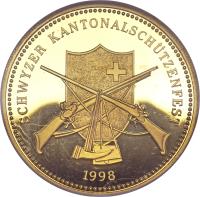 Switzerland coin 500 Francs - Shooting Festival (1998) obverse obverse of 500 Francs - Shooting Festival (1998) coin with X# S53 from Switzerland. Inscription: SCHWYZER KANTONALSCHÜTZENFEST 1998