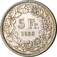 reverse of 5 Francs - Shooting Festival (1855) coin with X# S3 from Switzerland. Inscription: 5 Fr. 1855