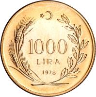 Turkey coin 1000 Lira (1978) reverse reverse of 1000 Lira (1978) coin with KM# 922 from Turkey.