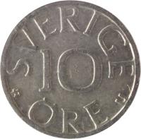 reverse of 10 Öre - Carl XVI Gustaf (1976 - 1991) coin with KM# 850 from Sweden. Inscription: 10 ØRE U