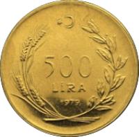 reverse of 500 Lira - FAO (1979) coin with KM# 930 from Turkey. Inscription: 500 LİRA 1979