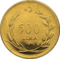 Turkey coin 500 Lira - FAO (1979) reverse reverse of 500 Lira - FAO (1979) coin with KM# 930 from Turkey. Inscription: 500 LİRA 1979