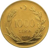 reverse of 1000 Lira - FAO (1979) coin with KM# 932 from Turkey. Inscription: 1000 LİRA 1979
