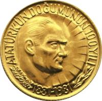 reverse of 1 Lira - Atatürk (1981) coin with KM# 942a from Turkey. Inscription: ATATÜRK'ÜN DOĞUMUNUN 100.YILI 1881-1981