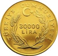 Turkey coin 30000 Lira - International Year of Disabled Persons (1981) reverse reverse of 30000 Lira - International Year of Disabled Persons (1981) coin with KM# 955 from Turkey. Inscription: TÜRKİYE CUMHURİYETİ 30000 LİRA