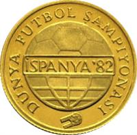 Turkey coin 5000 Lira - World Cup (1982) obverse obverse of 5000 Lira - World Cup (1982) coin with KM# 954 from Turkey. Inscription: DDÜNYA FUTBOL SAMPİYONASI İSPANYA'82