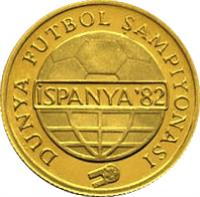 obverse of 5000 Lira - World Cup (1982) coin with KM# 954 from Turkey. Inscription: DDÜNYA FUTBOL SAMPİYONASI İSPANYA'82