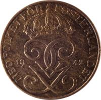 obverse of 5 Öre - Gustaf V (1909 - 1950) coin with KM# 779 from Sweden. Inscription: MED FOLKET FÖR FOSTERLANDET GGV 1940