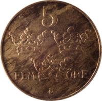 reverse of 5 Öre - Gustaf V (1909 - 1950) coin with KM# 779 from Sweden. Inscription: 5 FEM ØRE