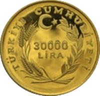 Turkey coin 30000 Lira - Scouts (1982) reverse reverse of 30000 Lira - Scouts (1982) coin with KM# 961 from Turkey. Inscription: TÜRKİYE CUMHURİYETİ 30000 LİRA