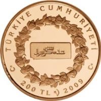 Turkey coin 200 Lira - Hijra (2009) reverse reverse of 200 Lira - Hijra (2009) coin with KM# 1260 from Turkey. Inscription: TÜRKİYE CUMHURİYETİ 200 TL 2009