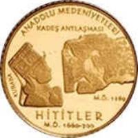 obverse of 100 Lira - Hittites (2009) coin with KM# 1248 from Turkey. Inscription: ANADOLU MEDENİYETLERİ KADEŞ ANTLAŞMASI HİTİTLER