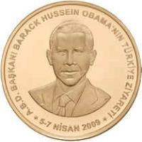 obverse of 200 Lira - Barack Obama (2009) coin with KM# 1246 from Turkey. Inscription: A.B.D. BAŞAKANI BARACK HUSSEIN OBAMA'NIN TÜRKİYE ZİYARETİ 5-7 NİSSAN 2009