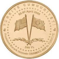reverse of 200 Lira - Barack Obama (2009) coin with KM# 1246 from Turkey. Inscription: TÜRKİYE CUMHURİYETİ 05-07 April 2009 200 TL President Barack Hussein OBAMA'S visit to TÜRKİYE