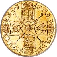 United Kingdom coin 1 Guinea - Anne (1710 - 1714) reverse reverse of 1 Guinea - Anne (1710 - 1714) coin with KM# 534 from United Kingdom. Inscription: MAG · BRI · FR · ET · HIB · REG · 17 13 ·