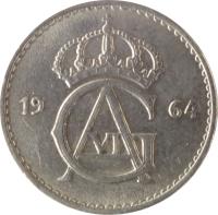 obverse of 25 Öre - Gustaf VI Adolf (1962 - 1973) coin with KM# 836 from Sweden. Inscription: 19 64