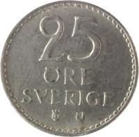 reverse of 25 Öre - Gustaf VI Adolf (1962 - 1973) coin with KM# 836 from Sweden. Inscription: 25 ÖRE SVERIGE