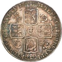 United Kingdom coin 1 Crown - George II (1732 - 1741) reverse reverse of 1 Crown - George II (1732 - 1741) coin with KM# 575 from United Kingdom. Inscription: M · B · F · ET · H · REX · F · D · B · ET · L · D · S · R · I · A · T · ET · E · 17 35 ·