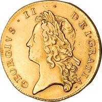 United Kingdom coin 2 Guineas - George II - Young head (1734 - 1739) obverse obverse of 2 Guineas - George II - Young head (1734 - 1739) coin with KM# 576 from United Kingdom. Inscription: GEORGIUS · II · DEI · GRATIA ·