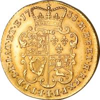 United Kingdom coin 2 Guineas - George II - Young head (1734 - 1739) reverse reverse of 2 Guineas - George II - Young head (1734 - 1739) coin with KM# 576 from United Kingdom. Inscription: M · B · F · ET · H · REX · F · D · B · ET · L · D · S · R · I · A · T · ET · E · 17 38 ·