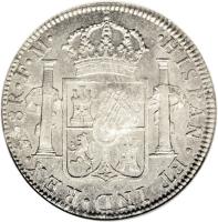 United Kingdom coin 1 Dollar - George III - Countermarked Coinage (1772 - 1789) reverse reverse of 1 Dollar - George III - Countermarked Coinage (1772 - 1789) coin with KM# 632 from United Kingdom. Inscription: HISPAN · ET IND · REX · Mo . 8R . FM