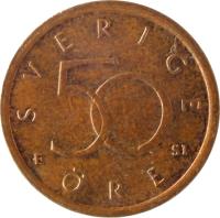 reverse of 50 Öre - Carl XVI Gustaf (1992 - 2009) coin with KM# 878 from Sweden. Inscription: SVERIGE 50 ØRE D