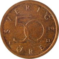 Sweden coin 50 Öre - Carl XVI Gustaf (1992 - 2009) reverse reverse of 50 Öre - Carl XVI Gustaf (1992 - 2009) coin with KM# 878 from Sweden. Inscription: SVERIGE 50 ØRE D