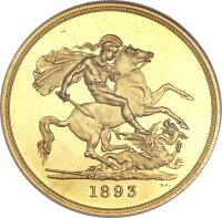 United Kingdom coin 5 Pounds - Victoria - 3'rd Portrait (1893) reverse reverse of 5 Pounds - Victoria - 3'rd Portrait (1893) coin with KM# 787 from United Kingdom. Inscription: 1893 B.P.