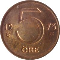 Sweden coin 5 Öre - Gustaf VI Adolf (1972 - 1973) reverse reverse of 5 Öre - Gustaf VI Adolf (1972 - 1973) coin with KM# 845 from Sweden. Inscription: 19 5 73 ØRE