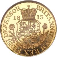 United Kingdom coin 1 Guinea - George III (1813) reverse reverse of 1 Guinea - George III (1813) coin with KM# Pn71 from United Kingdom. Inscription: BRITANNIARVM REX FIDEI DEFENSOR 18 13